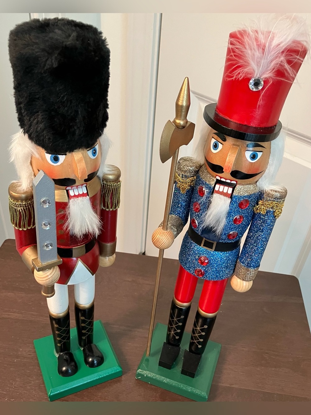 Set of 2 Christmas Wooden Soldier Nutcrackers 15” Blue Glitter & Red Guard